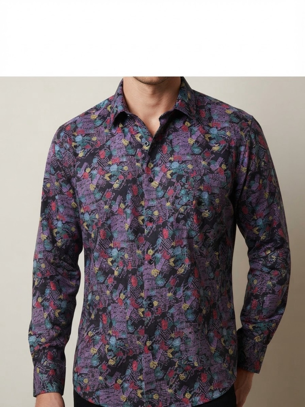 Goouch Vintage 90s Black Floral Newspaper Print Rayon Button-Down Shirt XL⁠